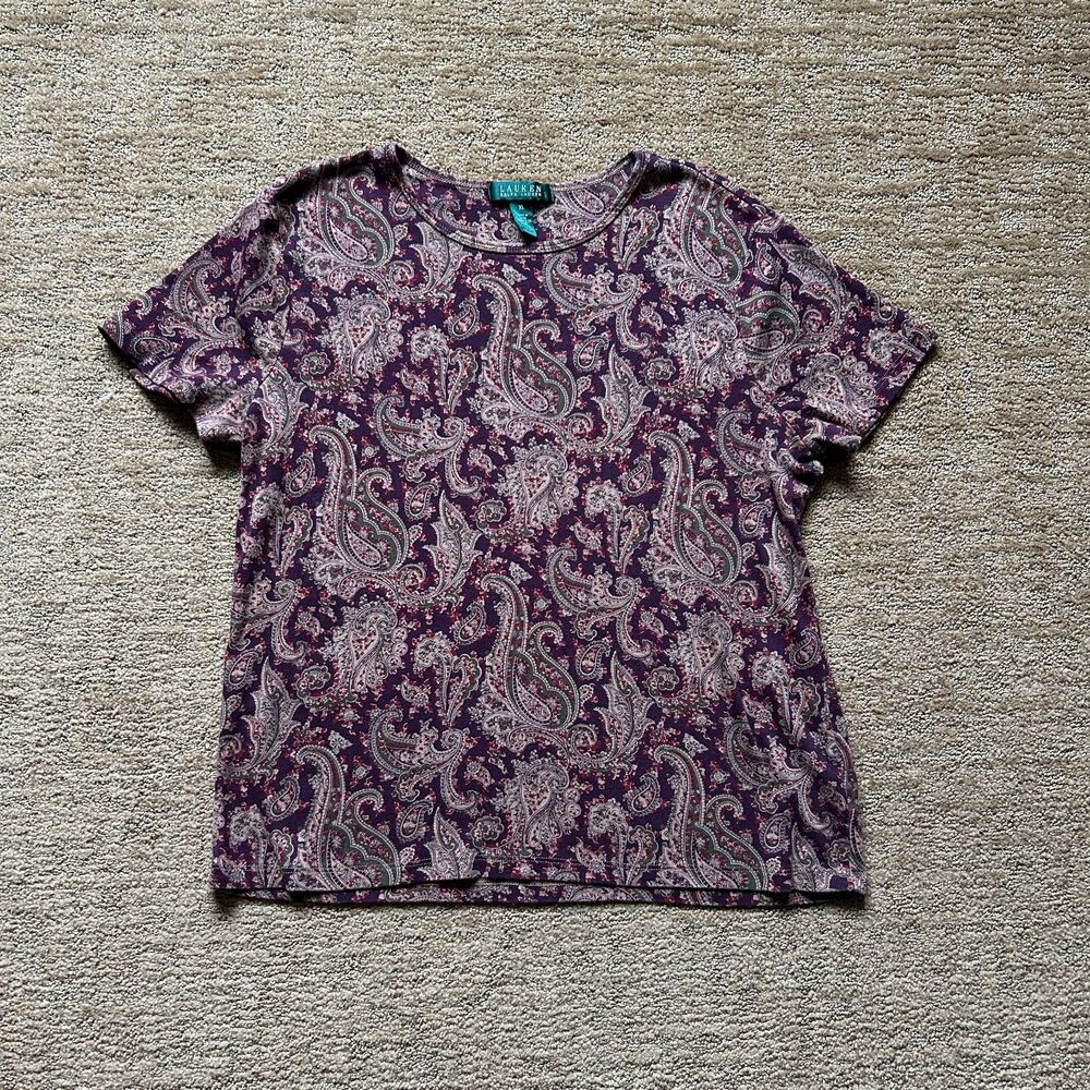 Y2K Lauren Ralph Lauren Petites Paisley Short Sleeve Crewneck Shirt Women's XL